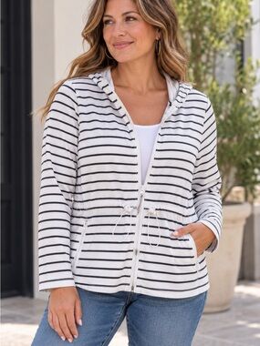 Talbots White and Black Striped Hooded Zip Jacket